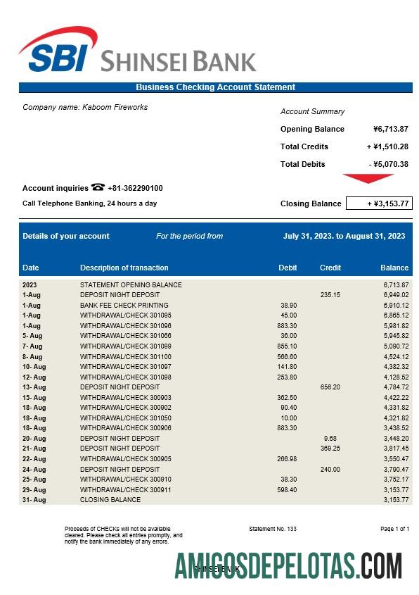 Modelo Realista Shinsei Bank Business Statement Word e PDF